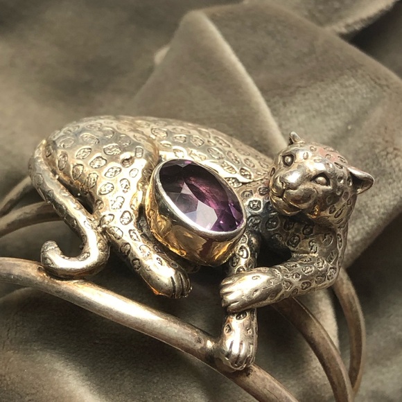 Artisan Sterling Silver And Amethyst Leopard Cat Cuff - Picture 5 of 6